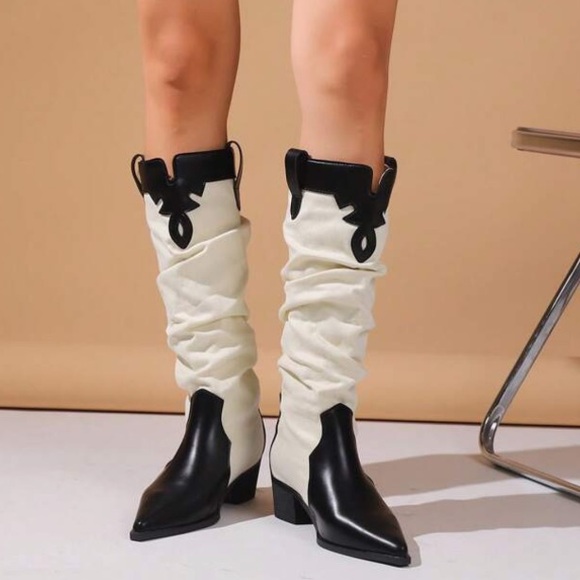 🛑AT COST SLOUCHY canvas vegan leather Western Black cream cowboy Boots CLEARANCE - Picture 4 of 6